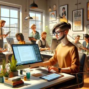 A modern, brightly lit office with large windows allowing natural light. Featuring a gender-neutral main character, a web designer with short hair and modern glasses, dressed in a professional yet casual outfit, working intensely at a computer. Around them, a diverse team of three (a woman and two men of different ethnicities) collaborates using tablets, actively discussing web design projects. On the side, a middle-aged male client discusses with a young female technician, both looking at a screen showing resolved issues. The scene is detailed and almost realistic, with Pixar-like stylized human textures and rich, warm color tones, including background elements like green plants, programming books, and inspirational posters, all contributing to a professional and welcoming environment.